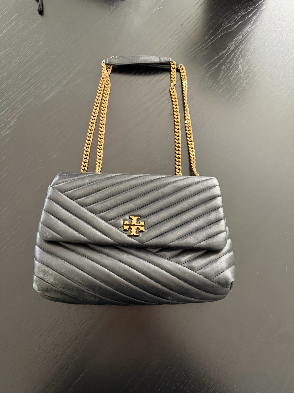 Tory Burch Black Quilted Leather Shoulder Bag with Gold Chain